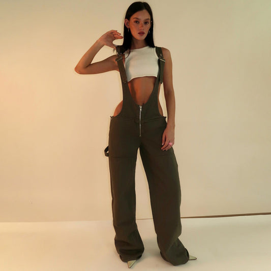 Y2K Zipper Denim Overalls With Pockets Fashion Loose Suspender Jumpsuit Streetwear Jeans Pants Womens Clothing - product image 2 of 13