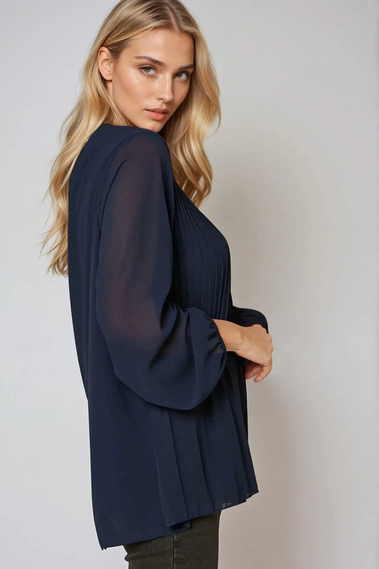 Navy Long Sleeve Pleated Blouse – product image 2 of 3