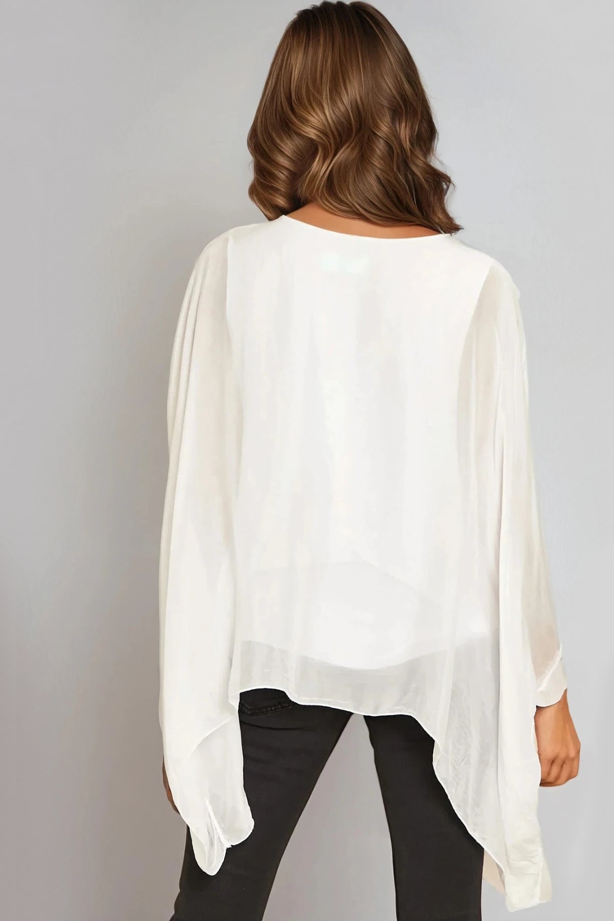 White Silk Batwing Sleeve Round Neck Blouse – product image 2 of 2