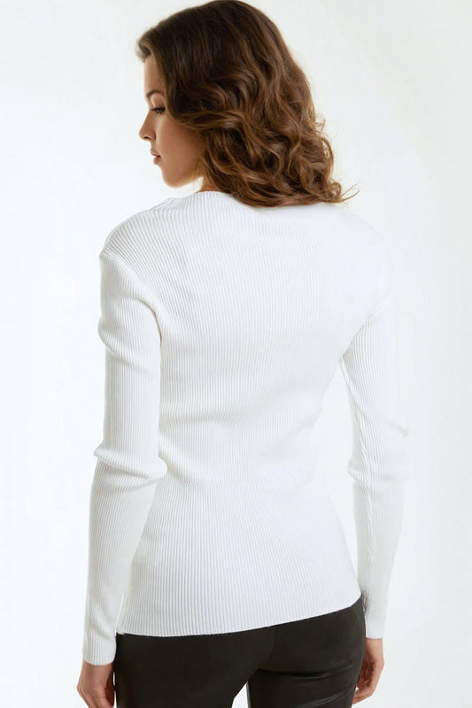 Cream Button Detail Slash Neck Ribbed Jumper – product image 2 of 3