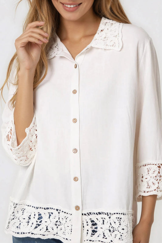 White Crochet Linen Blend Shirt – product image 2 of 3