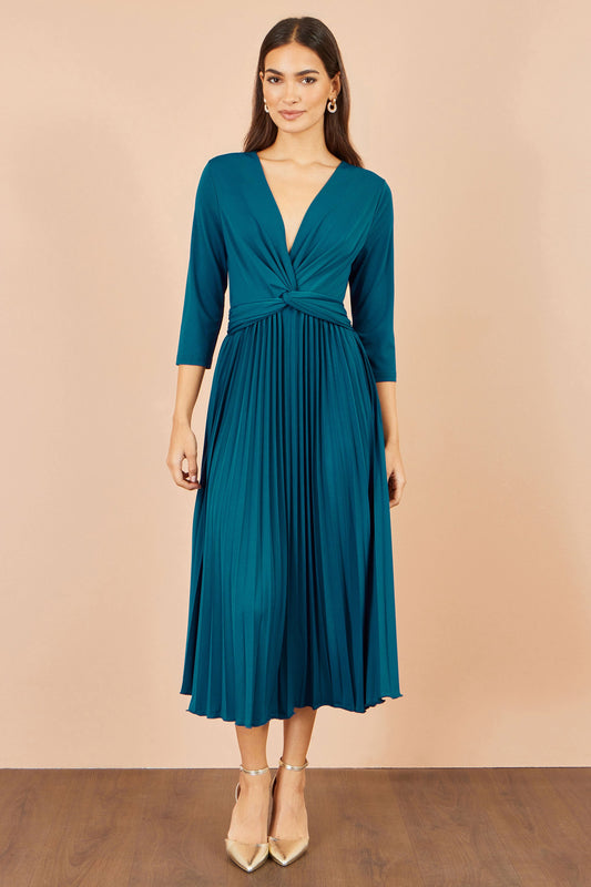 Yumi Teal Stretch Wrap Pleated Midi Dress – product image 2
