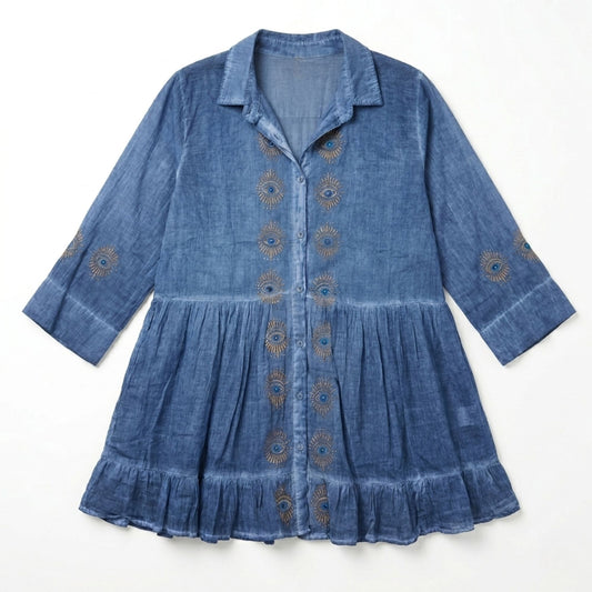 Nomad Sari On the Med Collection - Tunic Dress - Dusky Blue with Evil Eye Block Print (M-L) – product image 2 of 2