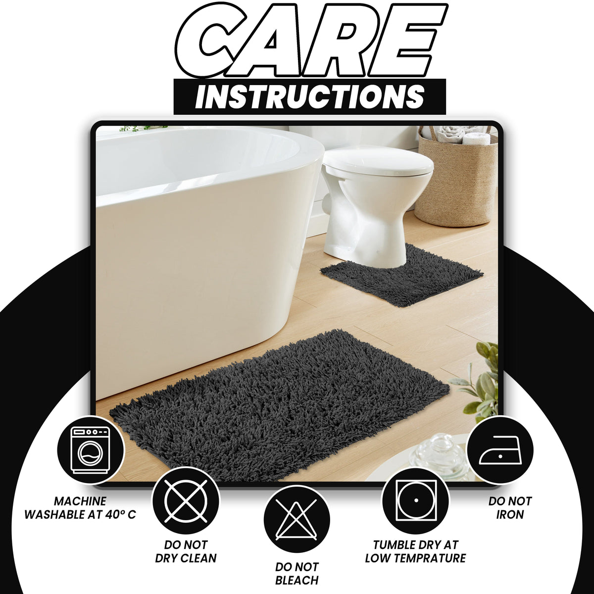 OLIVIA ROCCO Como 2 Piece Black Bath Mat And Pedestal Set Non Slip 100% Cotton Super Soft Easy-Care Home Essential – product image 5 of 5