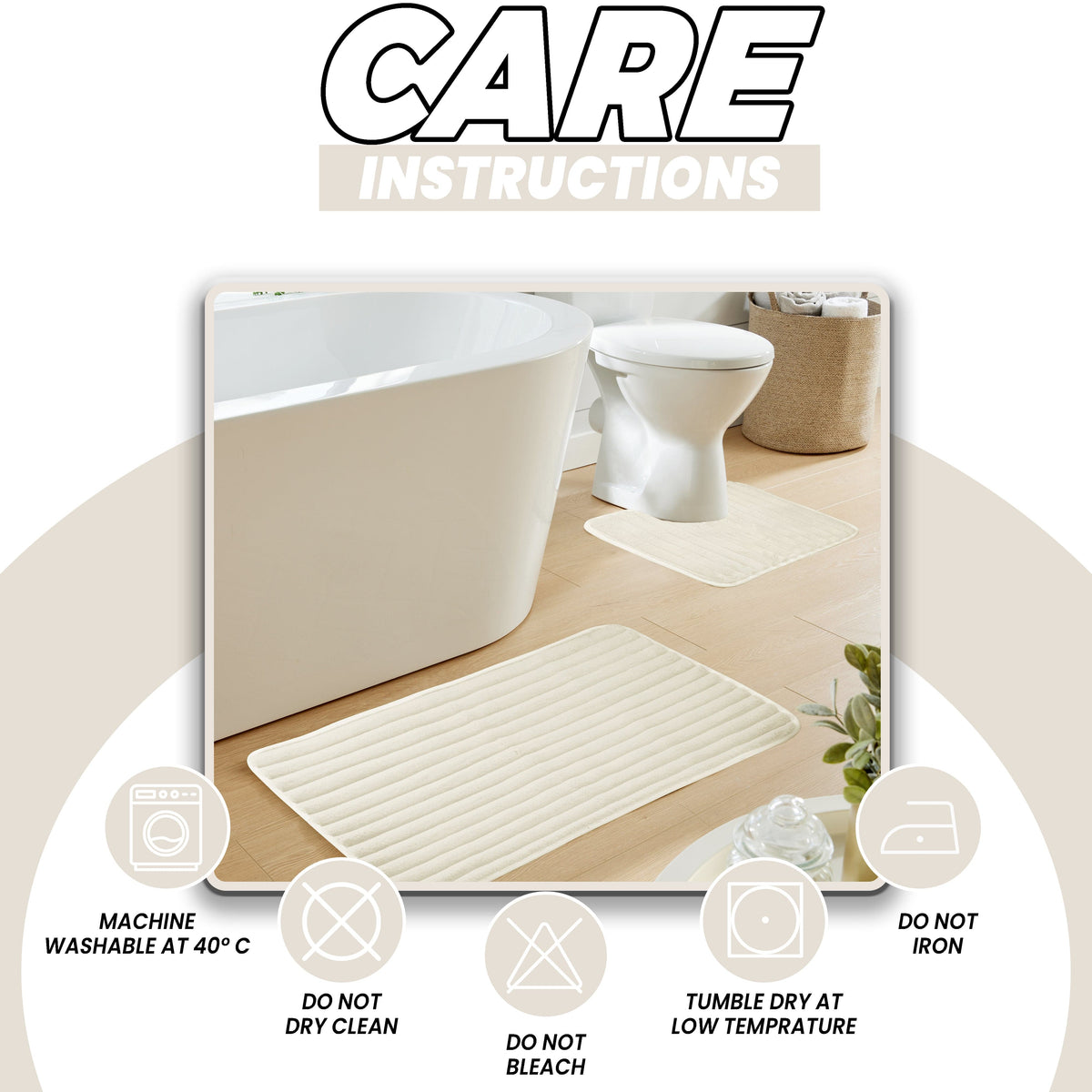 OLIVIA ROCCO 2 Piece Ribbed Bath Mat Set Cream Extra Soft Non Slip Super Absorbent Easy – product image 6 of 6