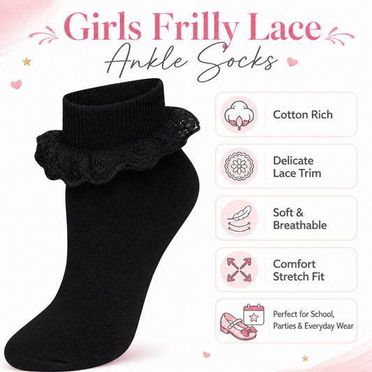Sock Stack 6 Pairs Black Girls Tutu Frilly Ankle Socks With Lace And Bow Super Soft – product image 2 of 5