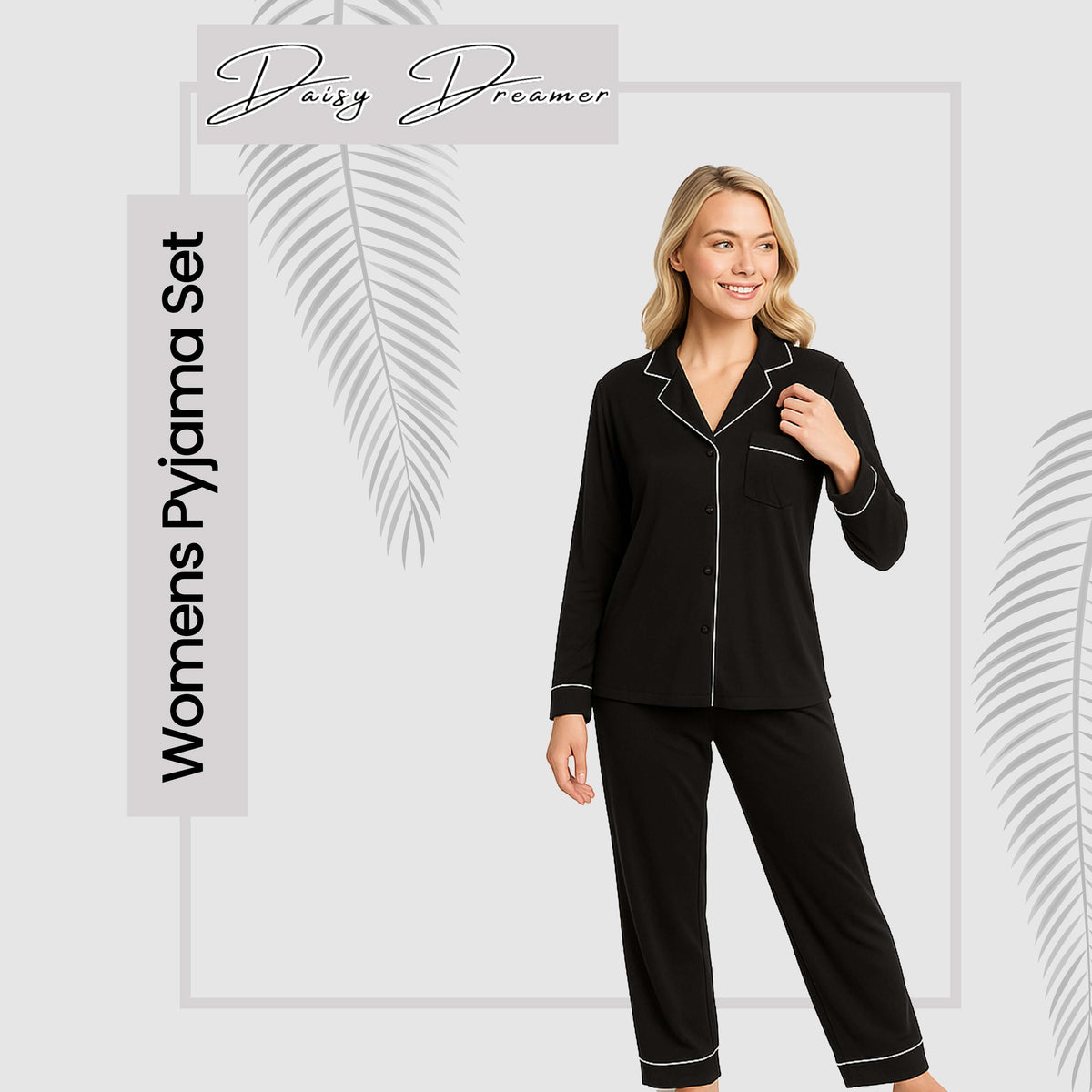 Daisy Dreamer Women's Black Pyjama Set Soft Touch Long Sleeve Button Up Top And Bottoms – product image 8 of 8