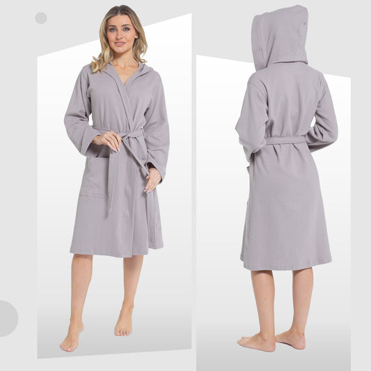 Daisy Dreamer Women's Hooded Waffle Cotton Bathrobe 100% Cotton Grey Super Absorbent – product image 2 of 5