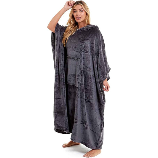 Daisy Dreamer Women's Hooded Poncho Blanket Navy Charcoal Flannel Fleece Cosy Loungewear – product image 2 of 6