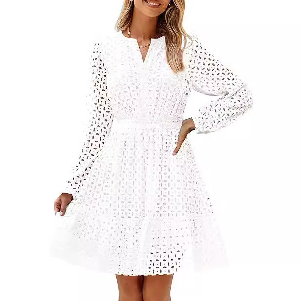 V-neck Hollow Eyelet Embroidered Cotton Long Sleeve Dress – product image 3