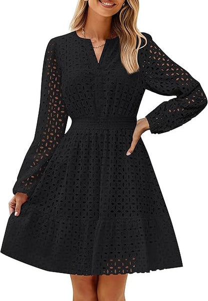 V-neck Hollow Eyelet Embroidered Cotton Long Sleeve Dress – product image 8