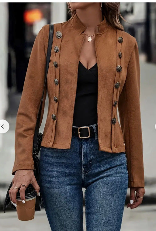 Solid Short Jacket Double Breasted Decorative Design Fashion Retro Suede Long Sleeve Outwear Tops Coat For Womens Clothing - product image 6 of 7