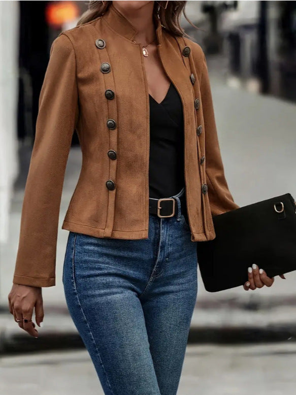Solid Short Jacket Double Breasted Decorative Design Fashion Retro Suede Long Sleeve Outwear Tops Coat For Womens Clothing - product image 3 of 7