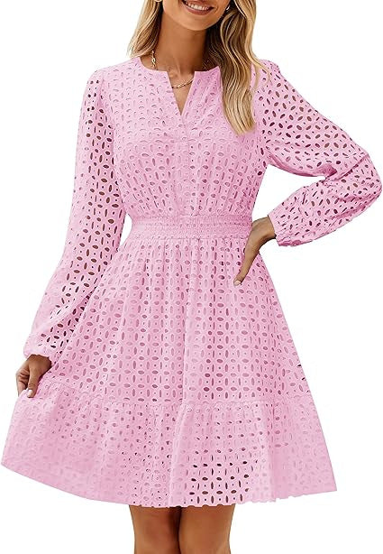 V-neck Hollow Eyelet Embroidered Cotton Long Sleeve Dress – product image 9