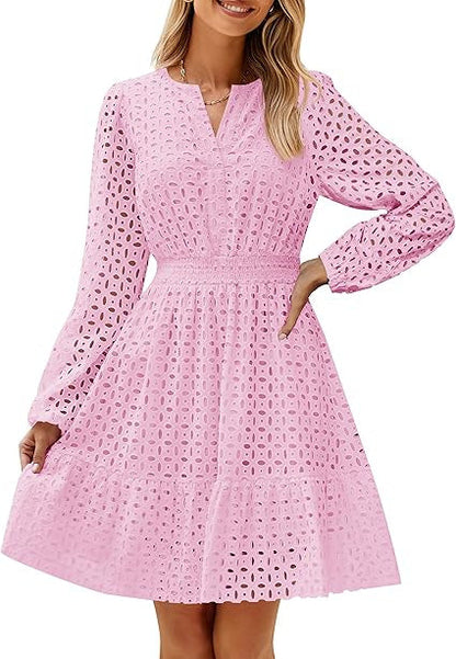 V-neck Hollow Eyelet Embroidered Cotton Long Sleeve Dress – product image 9