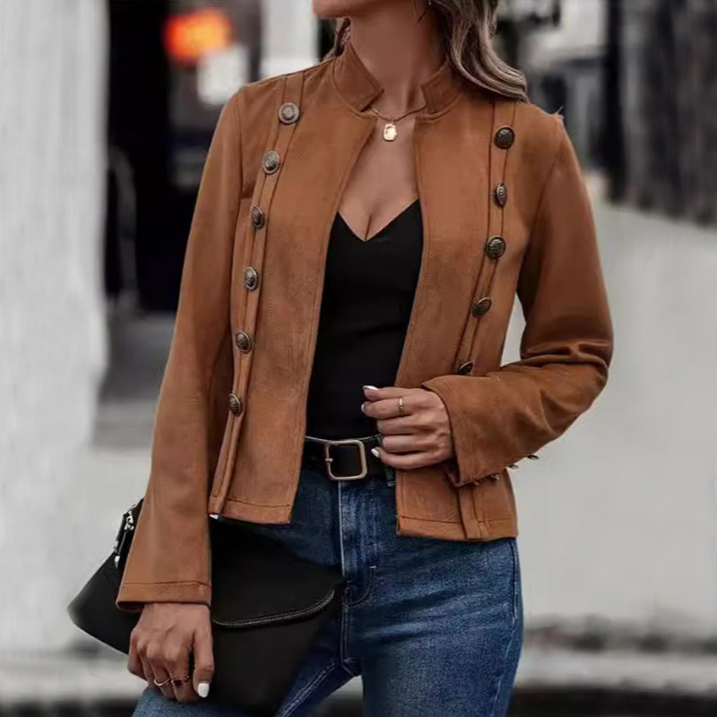Solid Short Jacket Double Breasted Decorative Design Fashion Retro Suede Long Sleeve Outwear Tops Coat For Womens Clothing - product image 1 of 7