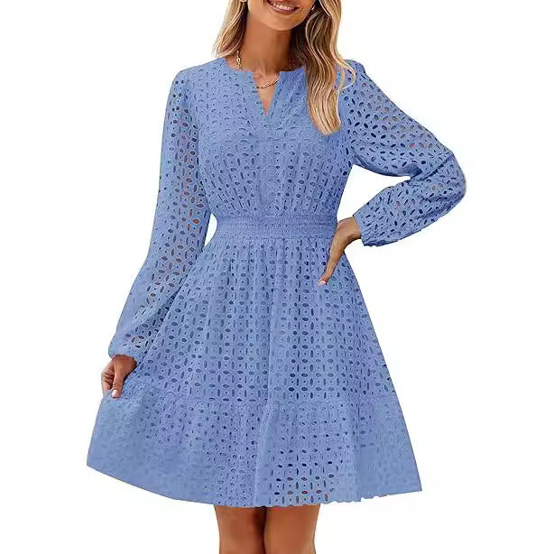 V-neck Hollow Eyelet Embroidered Cotton Long Sleeve Dress – product image 4