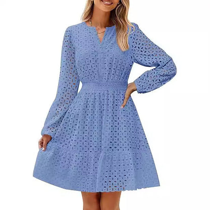 V-neck Hollow Eyelet Embroidered Cotton Long Sleeve Dress – product image 4