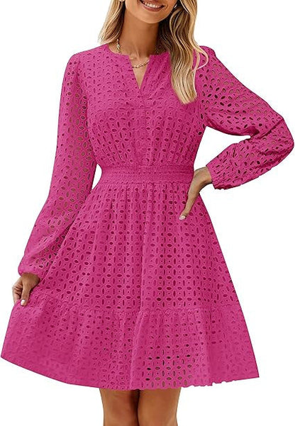 V-neck Hollow Eyelet Embroidered Cotton Long Sleeve Dress – product image 13