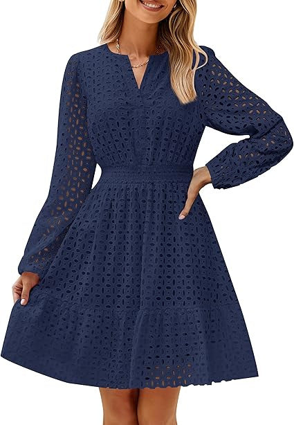 V-neck Hollow Eyelet Embroidered Cotton Long Sleeve Dress – product image 12