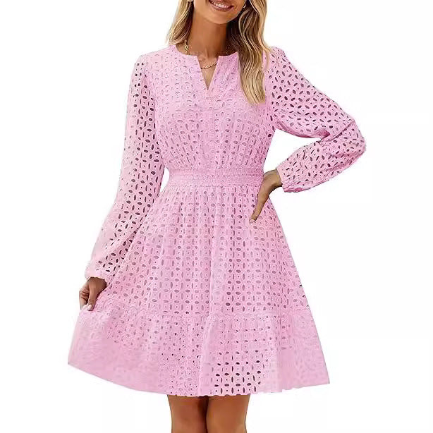 V-neck Hollow Eyelet Embroidered Cotton Long Sleeve Dress – product image 5