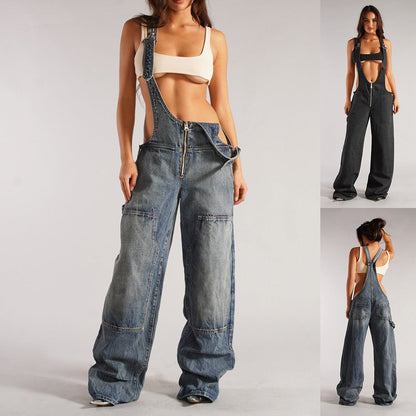 Y2K Zipper Denim Overalls With Pockets Fashion Loose Suspender Jumpsuit Streetwear Jeans Pants Womens Clothing - product image 1 of 13