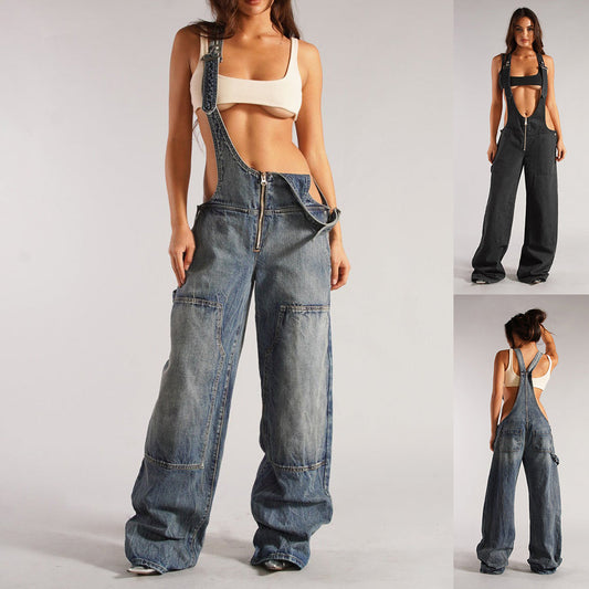 Y2K Zipper Denim Overalls With Pockets Fashion Loose Suspender Jumpsuit Streetwear Jeans Pants Womens Clothing - product image 1 of 13