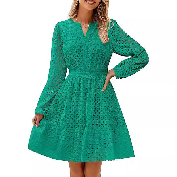 V-neck Hollow Eyelet Embroidered Cotton Long Sleeve Dress – product image 6