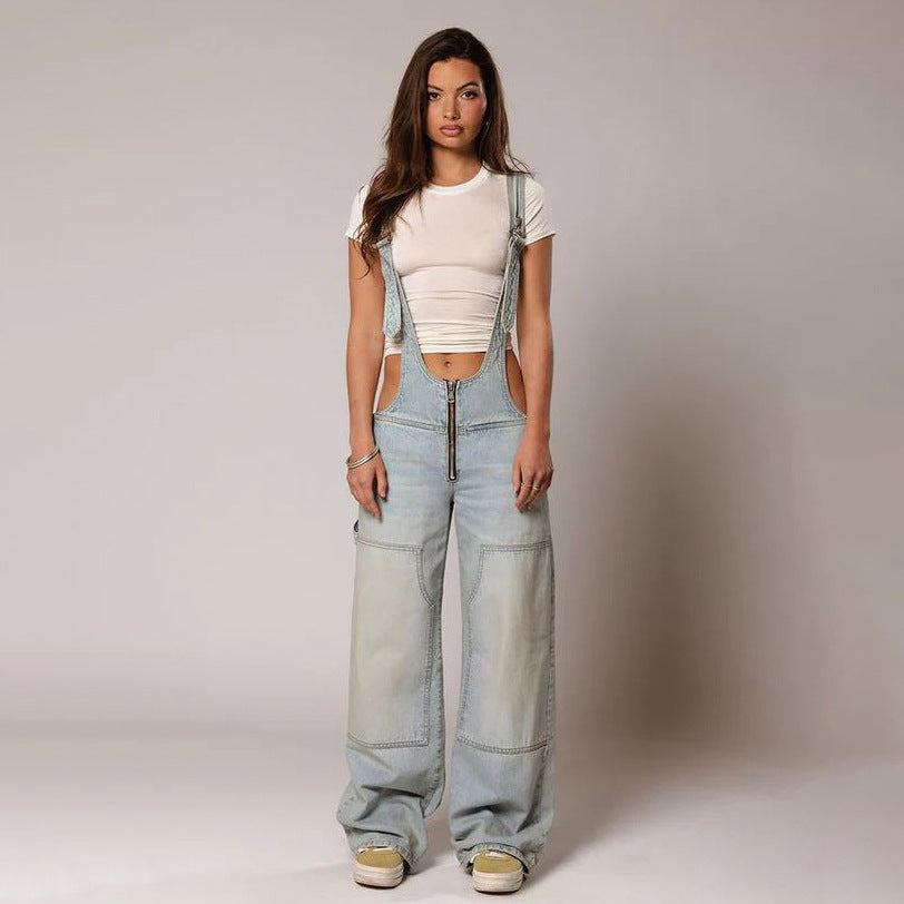 Y2K Zipper Denim Overalls With Pockets Fashion Loose Suspender Jumpsuit Streetwear Jeans Pants Womens Clothing - product image 13 of 13