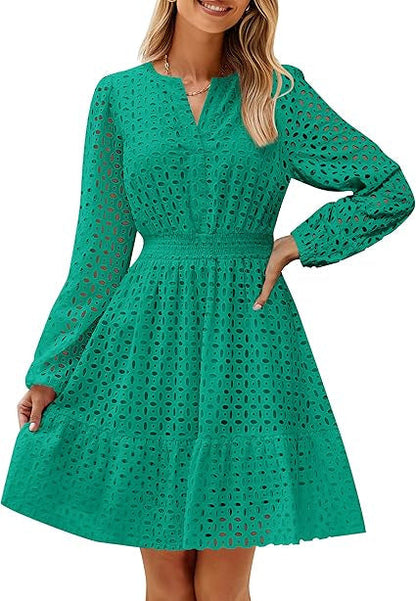V-neck Hollow Eyelet Embroidered Cotton Long Sleeve Dress – product image 10
