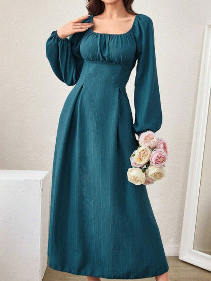 Women's Fashion Square-neck Tie-waist Figure-flattering A-line Dress With Long Sleeves And An Elegant Vibe - product image 8 of 9