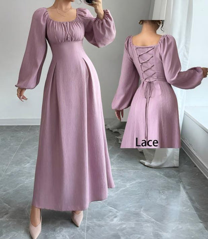 Women's Fashion Square-neck Tie-waist Figure-flattering A-line Dress With Long Sleeves And An Elegant Vibe - product image 7 of 9