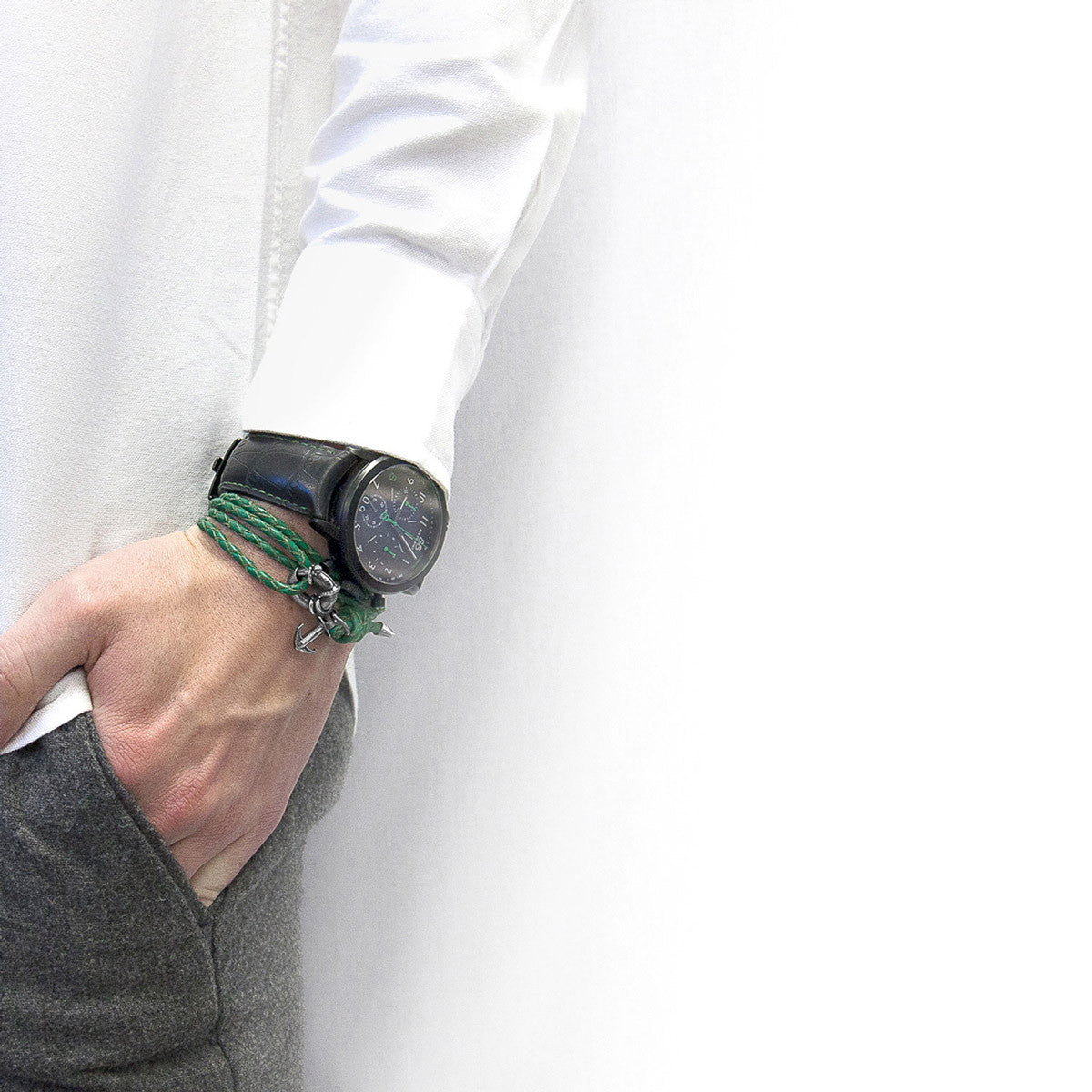 Fern Green Clyde Anchor Silver and Braided Leather Bracelet – product image 3 of 5