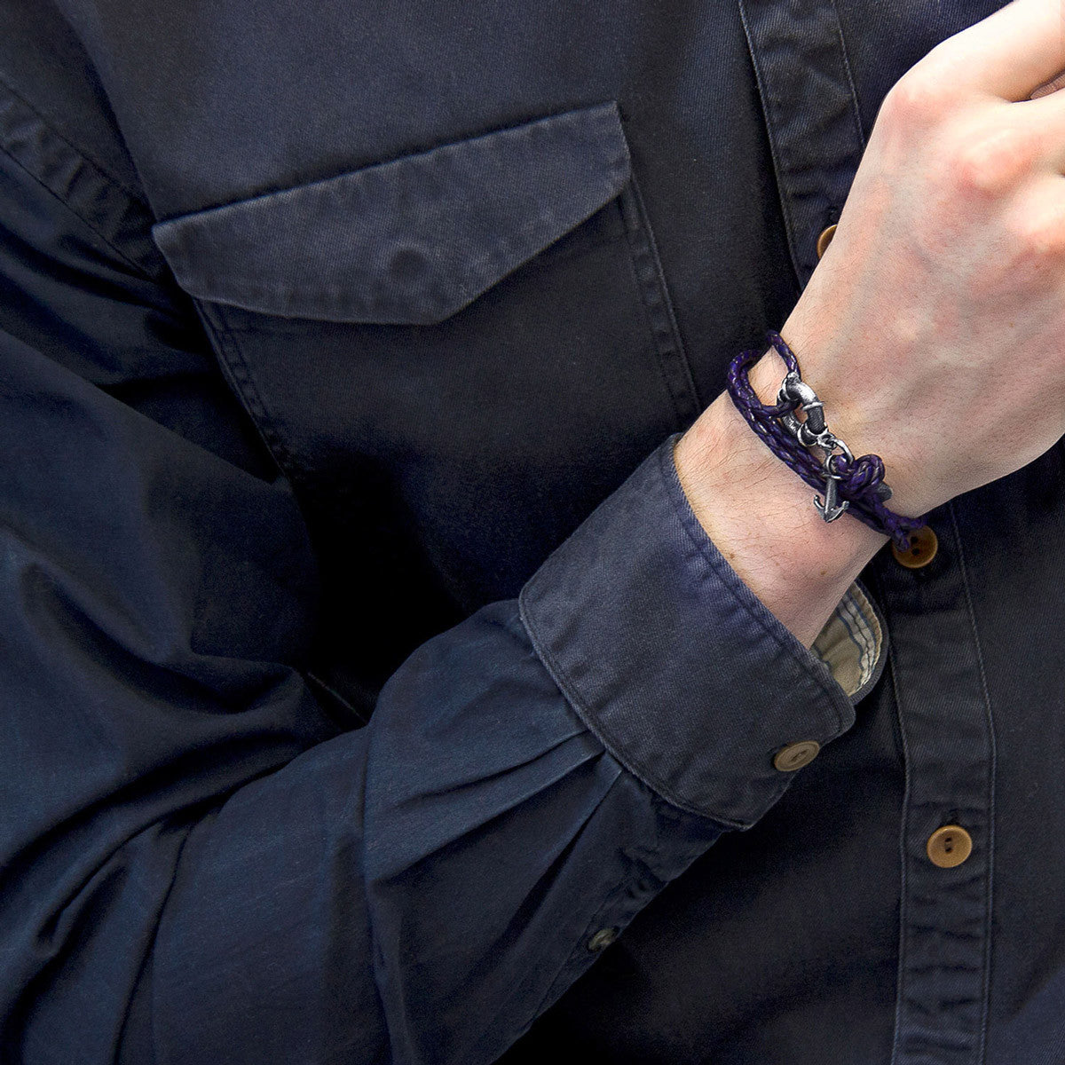 Grape Purple Clyde Anchor Silver and Braided Leather Bracelet – product image 3 of 5