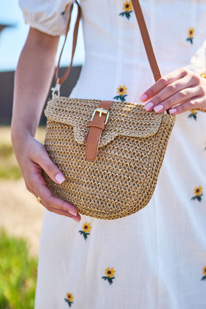 Yumi Brown Woven Rattan Handbag With Buckle – product image 2 of 9