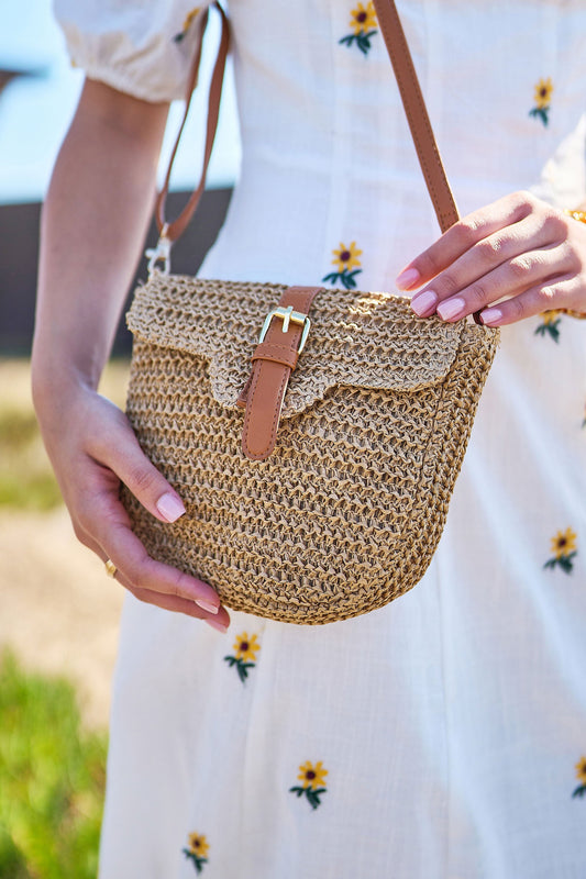 Yumi Brown Woven Rattan Handbag With Buckle – product image 2 of 9