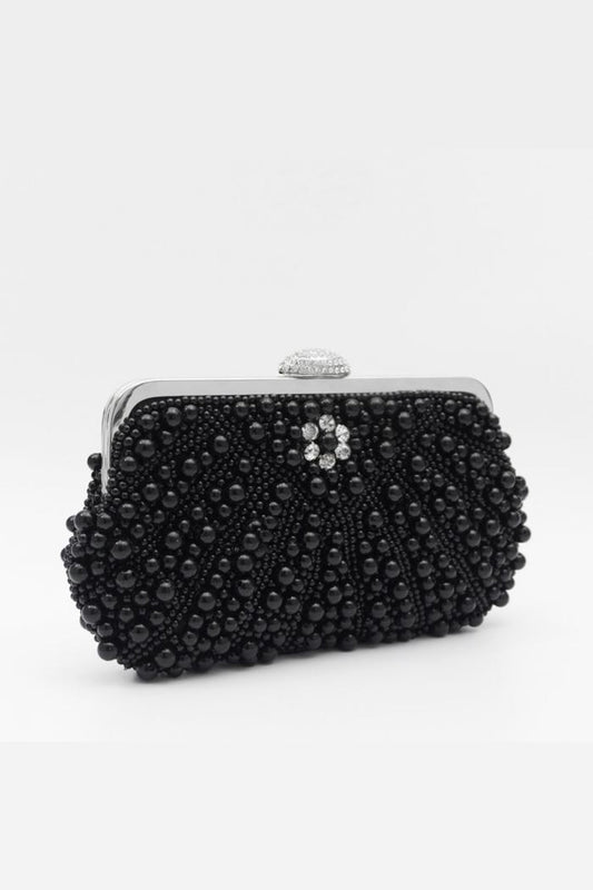 Black Pearl And Crystal Clutch Bag With Silver Details – product image 1 of 3