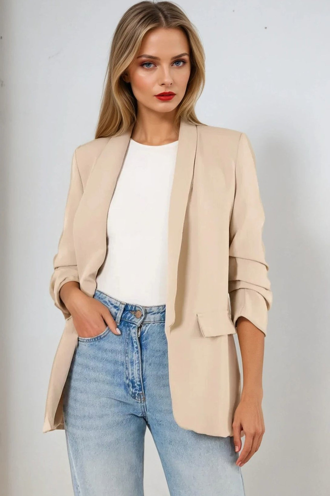 Beige Blazer with Ruched Sleeves – product image 1 of 2