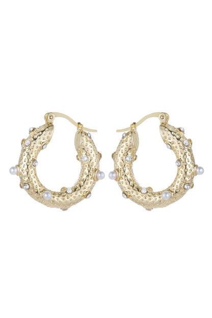 Gold Tone Small Pearl and Diamante Hoop Earrings – product image 1 of 2