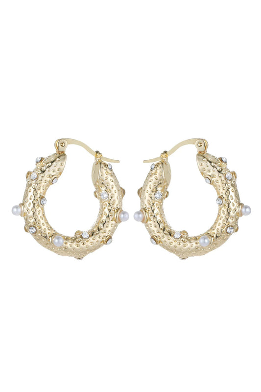 Gold Tone Small Pearl and Diamante Hoop Earrings – product image 1 of 2