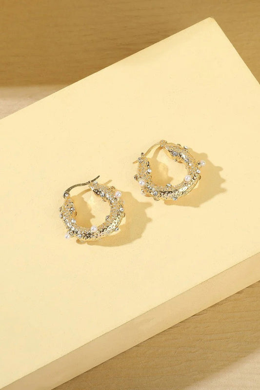 Gold Tone Small Pearl and Diamante Hoop Earrings – product image 2 of 2