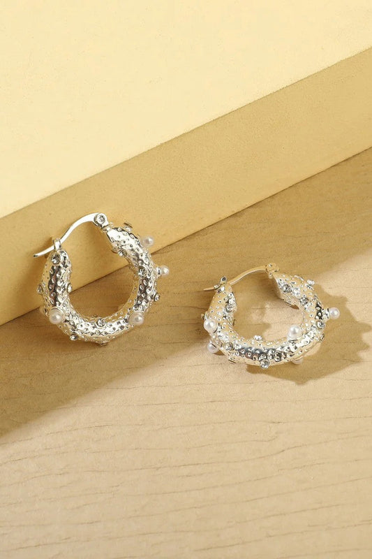 Silver Tone Small Pearl and Diamante Hoop Earrings – product image 2 of 2