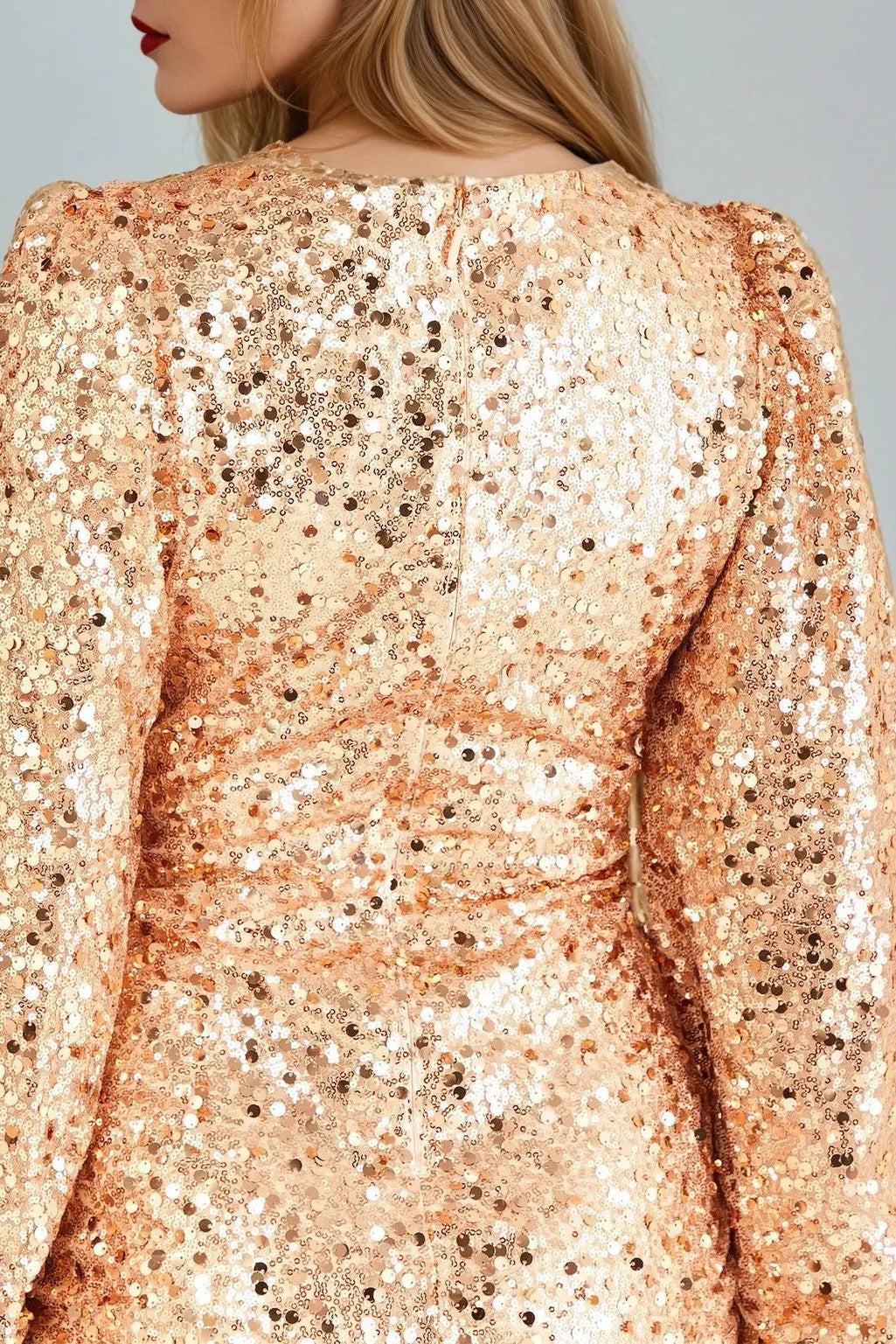 Rose Gold Sequin V-Neck Long Sleeve Bodycon Dress – product image 3 of 3