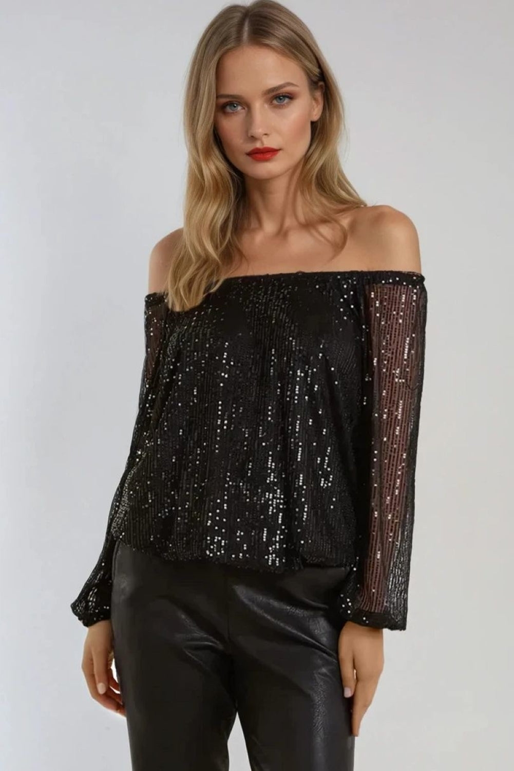 Black Sequin Long Sleeve Bardot Top – product image 1 of 4