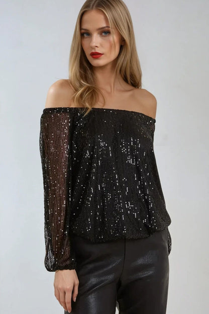 Black Sequin Long Sleeve Bardot Top – product image 3 of 4