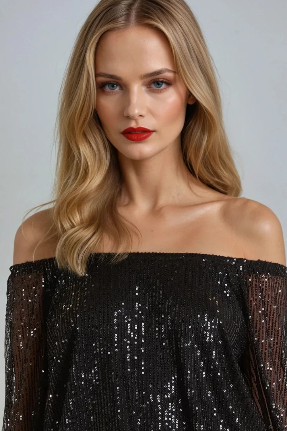 Black Sequin Long Sleeve Bardot Top – product image 2 of 4