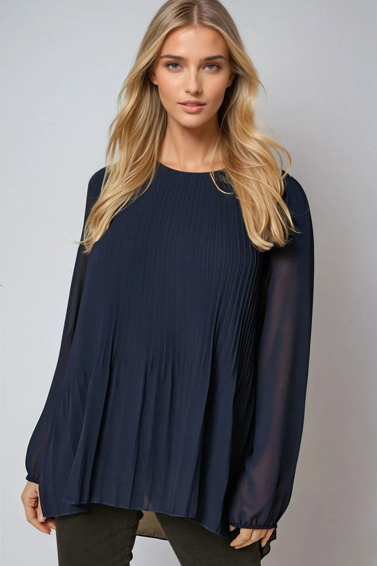 Navy Long Sleeve Pleated Blouse – product image 1 of 3