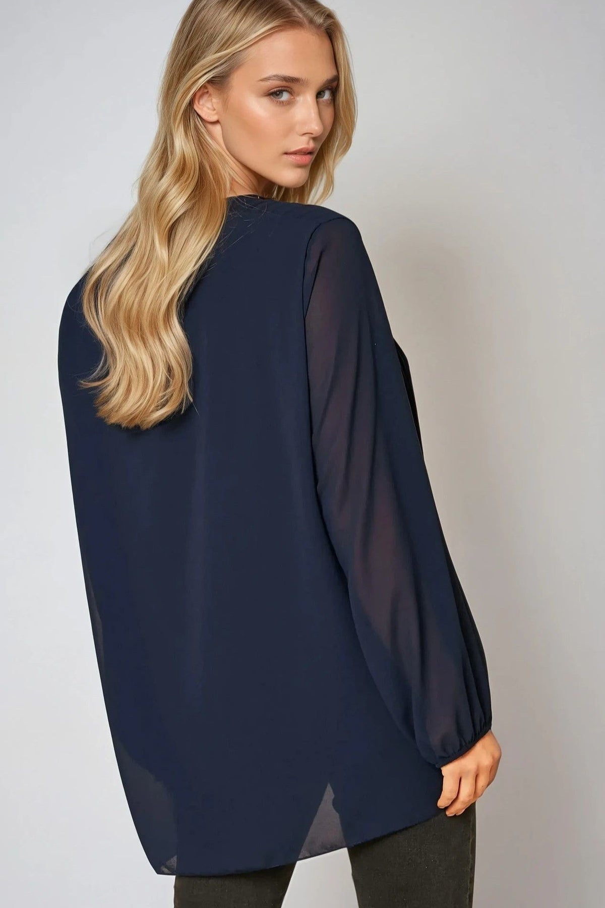 Navy Long Sleeve Pleated Blouse – product image 3 of 3