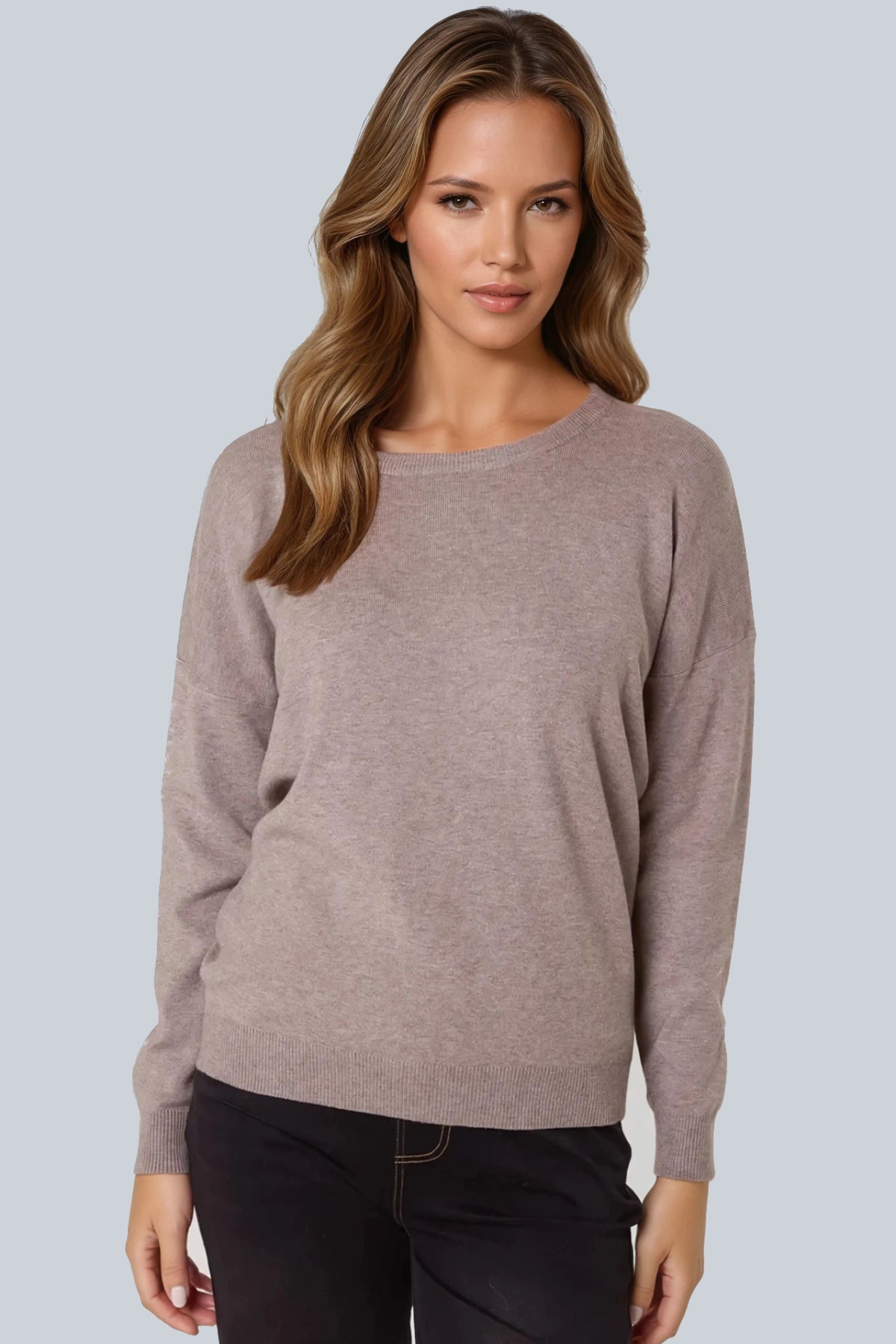 Mocha Crew Neck Fine Knit Jumper – product image 1 of 3