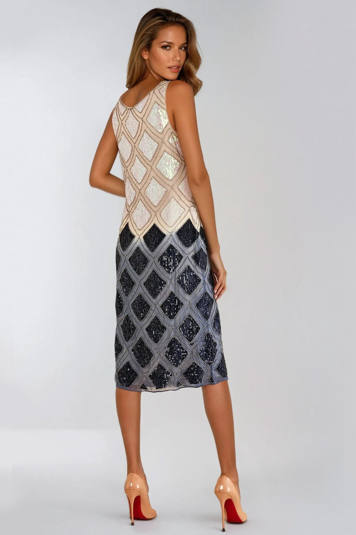 Navy Beige Sequin Diamond Pattern Midi Dress – product image 3 of 3